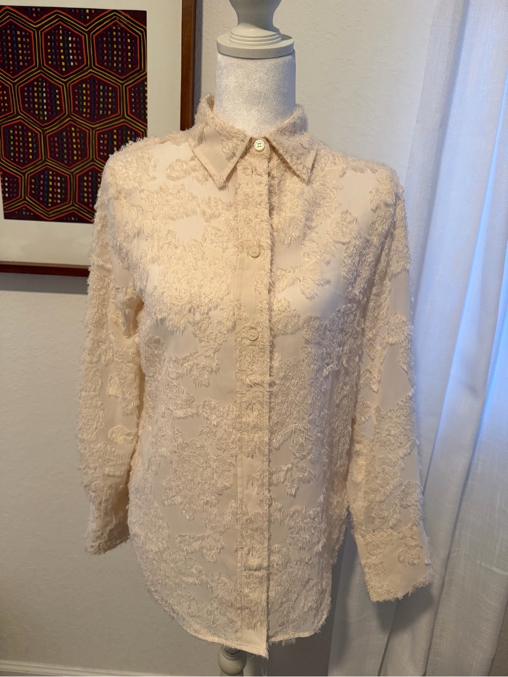 H&M Cream Textured Floral Button-Down Blouse XS NWT